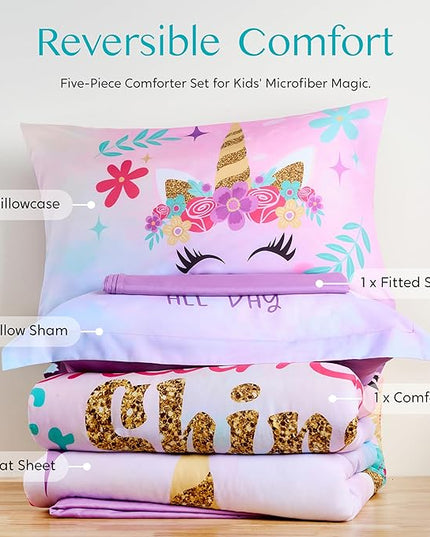 Joiedomi Kid Twin Comforter Set - 5 Piece Unicorn Bedding Set for Boys/Girls - Super Soft Microfiber Bed in a Bag with Comforter, Sheets, Pillowcase & Sham - LeafyLoom