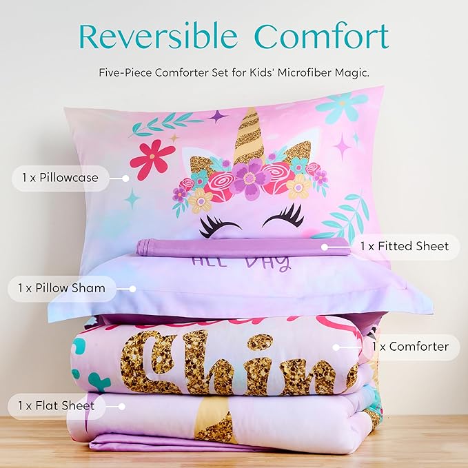 Joiedomi Kid Twin Comforter Set - 5 Piece Unicorn Bedding Set for Boys/Girls - Super Soft Microfiber Bed in a Bag with Comforter, Sheets, Pillowcase & Sham - LeafyLoom