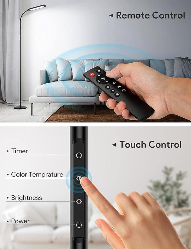 MediAcous Floor Lamp, LED Floor Lamp for Living Room, 5 Colors & Brightness & Step-less Adjustable, Standing Lamp with 1H Timer, Remote & Button, Dimmable Reading Floor Lights, Work with Wall Switch - LeafyLoom