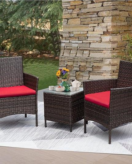Greesum 3 Pieces Patio Furniture Sets Outdoor PE Rattan Wicker Chairs with Soft Cushion and Glass Coffee Table for Garden Backyard Porch Poolside, Brown and Red - LeafyLoom