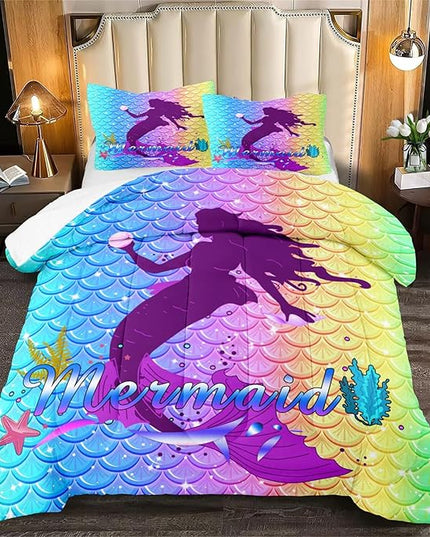 3Pcs Mermaid Comforter Set Queen Fish Scale Patterns Printed Queen Comforter Sets for Girls All Season Ultra Soft MIcrofiber Mermaid Bed Set Quilted Duvet with 2 Pillowcases, Queen Size - LeafyLoom