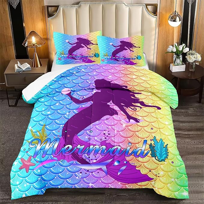 3Pcs Mermaid Comforter Set Queen Fish Scale Patterns Printed Queen Comforter Sets for Girls All Season Ultra Soft MIcrofiber Mermaid Bed Set Quilted Duvet with 2 Pillowcases, Queen Size - LeafyLoom