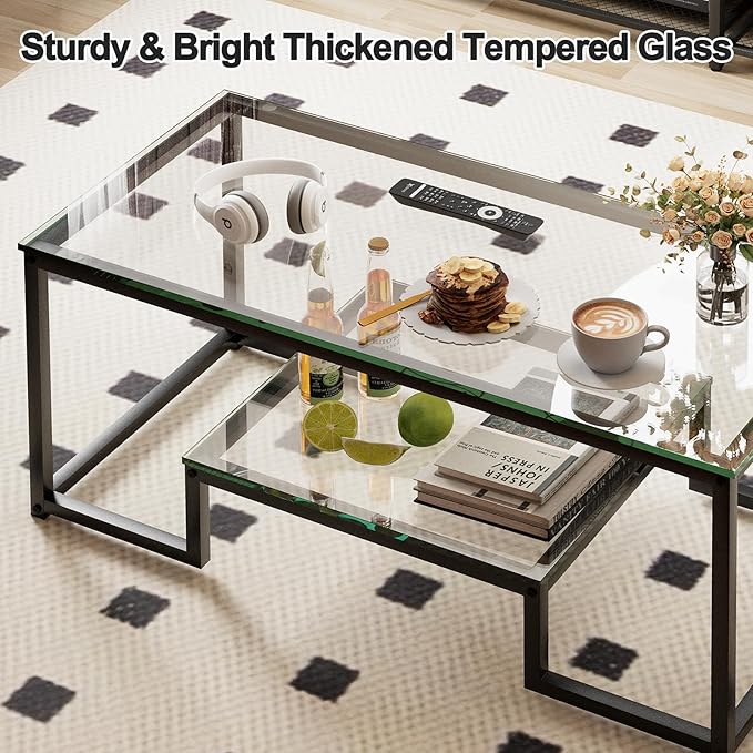 Coffee Table Black Glass Coffee Table for Living Room,2 Tiers Rectangle Center Table with Sturdy Metal Frame,Modern Tempered Glass Accent Table for Bedroom Home Office - LeafyLoom