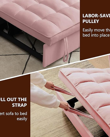 3 in 1 Loveseat Sofa Bed, Pull Out Couch Sleeper with Storage, Full Size Velvet Convertible Chair with 2 Pockets & 2 Pillows for Living Room, Pink - LeafyLoom