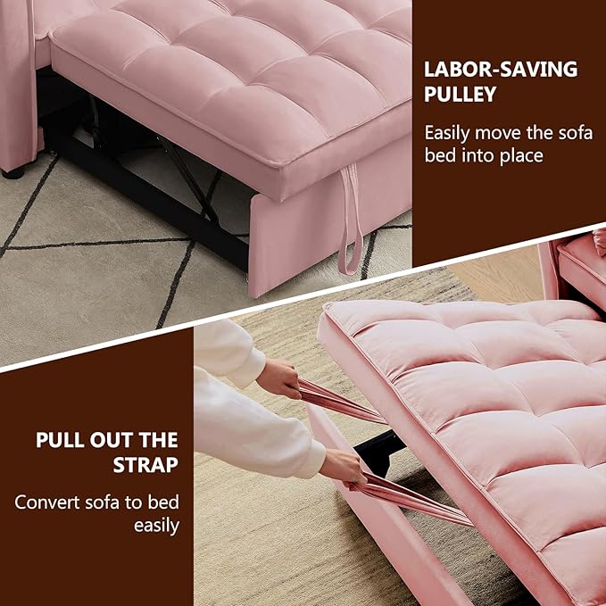 3 in 1 Loveseat Sofa Bed, Pull Out Couch Sleeper with Storage, Full Size Velvet Convertible Chair with 2 Pockets & 2 Pillows for Living Room, Pink - LeafyLoom
