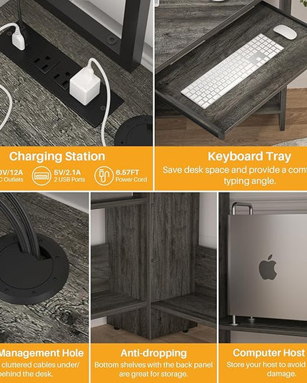 Cyclysio Small Corner Desk with Hutch, Heavy Duty Corner Computer Desk with Power Outlets & LED Light, Triangle Corner Gaming Desk with Keyboard Tray for Home Office, Small Space, Workstation Grey - LeafyLoom