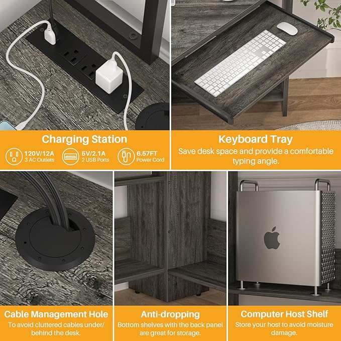Cyclysio Small Corner Desk with Hutch, Heavy Duty Corner Computer Desk with Power Outlets & LED Light, Triangle Corner Gaming Desk with Keyboard Tray for Home Office, Small Space, Workstation Grey - LeafyLoom