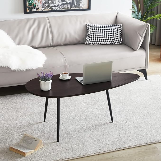 SAYGOER Oval Coffee Table Espresso Wood Mid Century Modern Coffee Tables Unique Retro Farmhouse Accent Center Sofa Rustic Table for Living Room Home Office Easy Assembly, Dark Brown - LeafyLoom