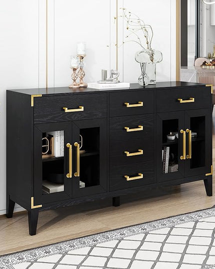 60" Retro Sideboard with 6-Drawer and 2-Cabinet,Multifunctional Buffet,w/Gold Handles & Solid Wood Legs,Extra Large Storage Space,for Kitchen and Living Room,Black - LeafyLoom