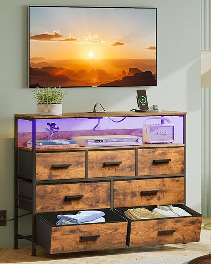 Dresser TV Stand with 7 Drawers, Dresser TV Stand with LED Lights & Power Outlets, Bedroom Dresser, Chest of Drawers up to 45'' Long TV, Wide Fabric Dresser with Open Shelf (Rustic Brown) - LeafyLoom