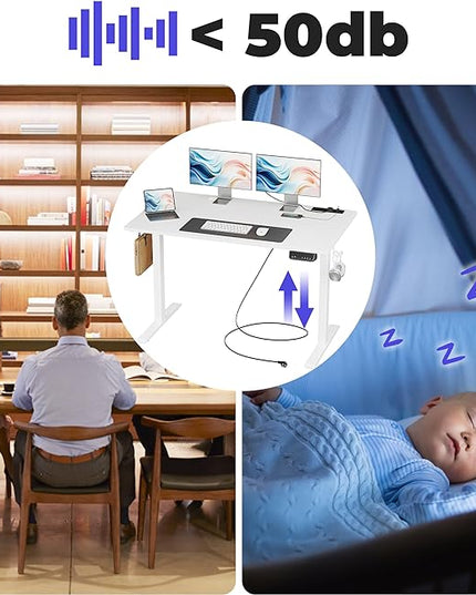 JOISCOPE Height Adjustable Electric Standing Desk with Power Outlets, 55 x 24 Inch Sit Stand Desk for Small Space Home Office, White - LeafyLoom