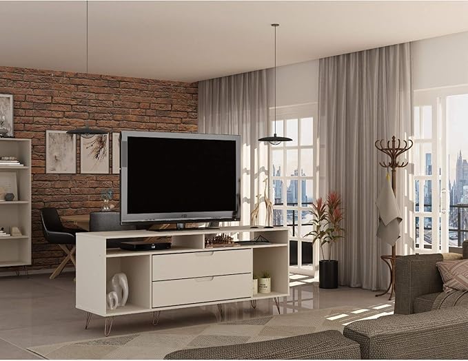 Manhattan Comfort Rockefeller Modern 2 Drawers Living Room Television Stand with Metal Legs, 62.99", Off White - LeafyLoom