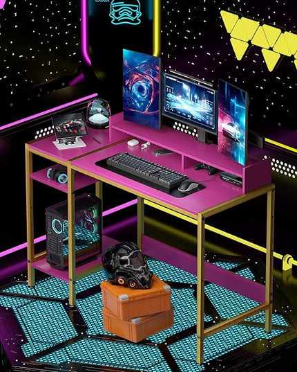 Computer Gaming Desk - 47" Home Office Desk with Storage, Writing Desk with Monitor Stand, Modern Simple Study Corner Table, Adjustable Storage Space, Pink - LeafyLoom