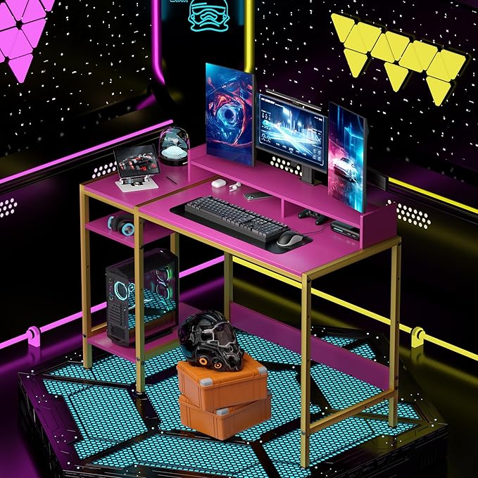 Computer Gaming Desk - 47" Home Office Desk with Storage, Writing Desk with Monitor Stand, Modern Simple Study Corner Table, Adjustable Storage Space, Pink - LeafyLoom