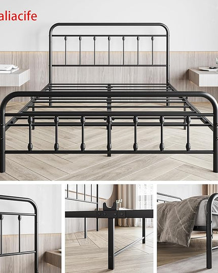 Vintage Queen Size Bed Frame with Headboard and Footboard Mattress Heavy Duty Metal Platform, Steel Slat Support (Queen, Black Sanded) - LeafyLoom