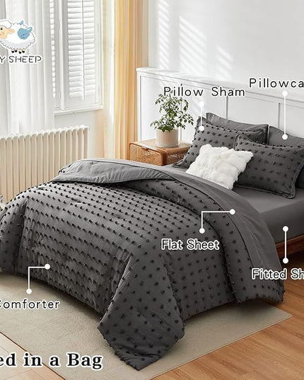 7 Pieces Tufted Dots Bed in a Bag Queen Comforter Set with Sheets Grey , Soft and Embroidery Shabby Chic Boho Comforters, Solid Color with Pom Pom Design, Jacquard Tufts Bedding Set for All Season - LeafyLoom