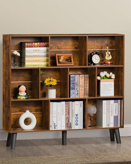 LEYAOYAO 10 Cube Bookshelf,3 Tier Modern Wide Bookcase with Legs,Mid-Century Wood Bookshelves Storage，Brown Large Book Case,Freestanding Organizer Display Shelf for Bedroom,Living Room,Office - LeafyLoom