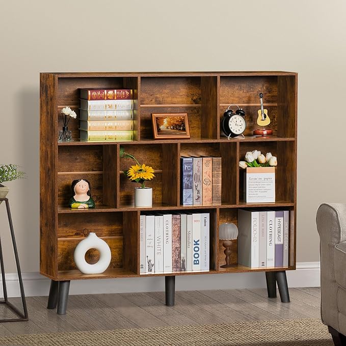 LEYAOYAO 10 Cube Bookshelf,3 Tier Modern Wide Bookcase with Legs,Mid-Century Wood Bookshelves Storage，Brown Large Book Case,Freestanding Organizer Display Shelf for Bedroom,Living Room,Office - LeafyLoom