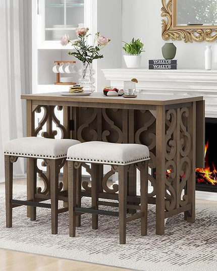 NicBex Small Dining Table for 2 Breakfast Nook Table Set 3-Piece Retro Dining Set Solid Wood Counter Height Pub Set Foldable Table with 2 Saddle Stools for Kitchen, Distressed Brown - LeafyLoom