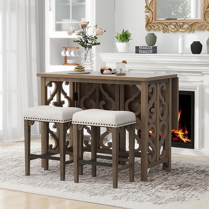 NicBex Small Dining Table for 2 Breakfast Nook Table Set 3-Piece Retro Dining Set Solid Wood Counter Height Pub Set Foldable Table with 2 Saddle Stools for Kitchen, Distressed Brown - LeafyLoom