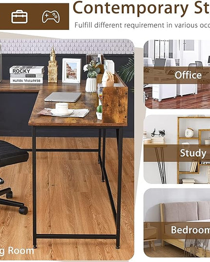 LUARANE 65.5 Inches L-Shaped Desk, Industrial Computer Desk with Hutch File Rack, Space Saving Corner Desk with Metal Frame, Computer Workstation for Home Office (Coffee) - LeafyLoom