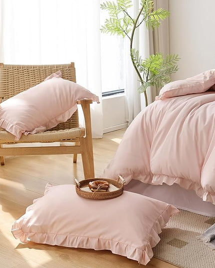 JANZAA Pink Comforter Set Queen Comforter Set 3PCS (1 Ruffled Blush Comforter and 2 Pillowcases) Vintage Shabby Chic Bedding Soft Fluffy Comforter Set All Season - LeafyLoom