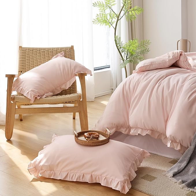 JANZAA Pink Comforter Set Queen Comforter Set 3PCS (1 Ruffled Blush Comforter and 2 Pillowcases) Vintage Shabby Chic Bedding Soft Fluffy Comforter Set All Season - LeafyLoom