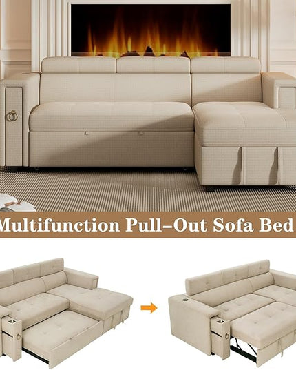 96“ L-Shape Sectional Sleeper Sofa with Pull out Bed, Adjustable Headrest &Storage Chaise, Linen Upholstered Convertible Couch w/Wireless Charging &Cup Holders, for Living Room Apartment - LeafyLoom