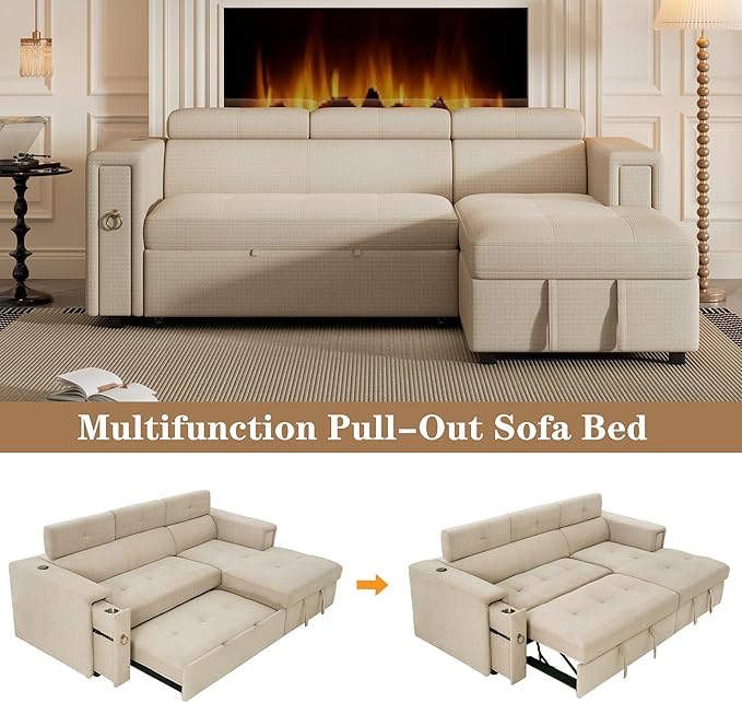 96“ L-Shape Sectional Sleeper Sofa with Pull out Bed, Adjustable Headrest &Storage Chaise, Linen Upholstered Convertible Couch w/Wireless Charging &Cup Holders, for Living Room Apartment - LeafyLoom