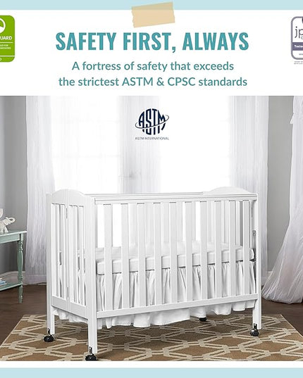 3 in 1 Portable Folding Stationary Side Crib in White, Greenguard Gold & Sunset 3” Extra Firm Fiber Crib Mattress, Greenguard Gold Certified, Waterproof Vinyl Cover - LeafyLoom