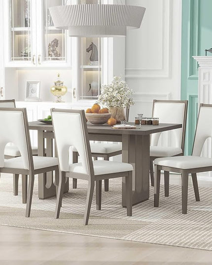Wood 7-Piece Dining Set for 6, Wooden Rectangular Table and Six Upholstered Chairs for Dinette Room and Kitchen, Grey, 60" L x 36" W x 30" H, Gray+Beige - LeafyLoom