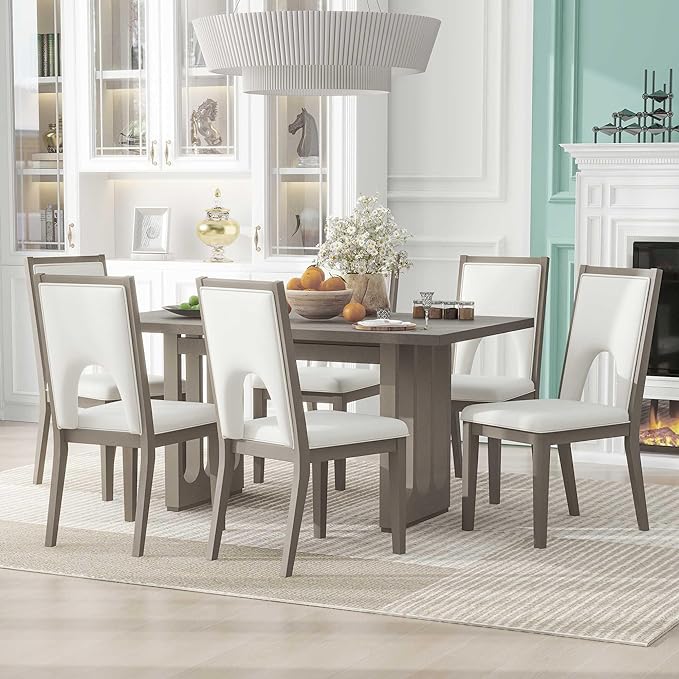 Wood 7-Piece Dining Set for 6, Wooden Rectangular Table and Six Upholstered Chairs for Dinette Room and Kitchen, Grey, 60" L x 36" W x 30" H, Gray+Beige - LeafyLoom