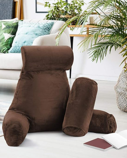 Clara Clark Reading Pillow, Large Back Pillow for Sitting Up in Bed, Memory Foam Back Support Pillow, Reading Pillows for Sitting in Bed, Chocolate Brown Sit Up Pillow for Bed with Arms and Pockets - LeafyLoom