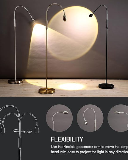 O’Bright Ray – Adjustable LED Beam Floor Lamp, Dimmable and Zoomable Spotlight, Flexible Gooseneck, Reading/Crafting Standing Lamp, Work Table Light, Brushed Nickel - LeafyLoom