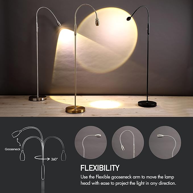 O’Bright Ray – Adjustable LED Beam Floor Lamp, Dimmable and Zoomable Spotlight, Flexible Gooseneck, Reading/Crafting Standing Lamp, Work Table Light, Brushed Nickel - LeafyLoom