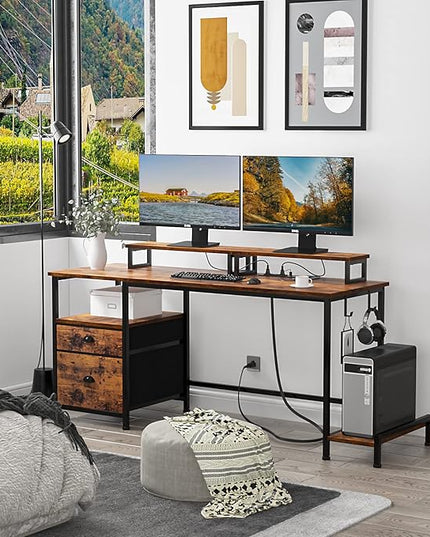Furologee Desk with Drawer and Power Outlets, 55" Large Compter Desk with Fabric File Cabinet and 2 Movable Monitor Shelf, Writing Gaming Table with CPU Stand and 2 Hooks for Home Office, Rustic Brown - LeafyLoom
