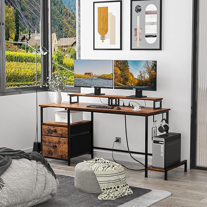 Furologee Desk with Drawer and Power Outlets, 55" Large Compter Desk with Fabric File Cabinet and 2 Movable Monitor Shelf, Writing Gaming Table with CPU Stand and 2 Hooks for Home Office, Rustic Brown - LeafyLoom