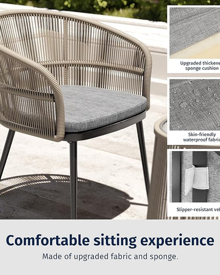EAST OAK 3-Piece Patio Bistro Set, Patio Conversation Bistro Set with 2 Wide Ergonomic Chairs, Cushions & Glass Top Side Table, Outdoor All-Weather Wicker Furniture for Porch, Backyard, Brown & Grey - LeafyLoom
