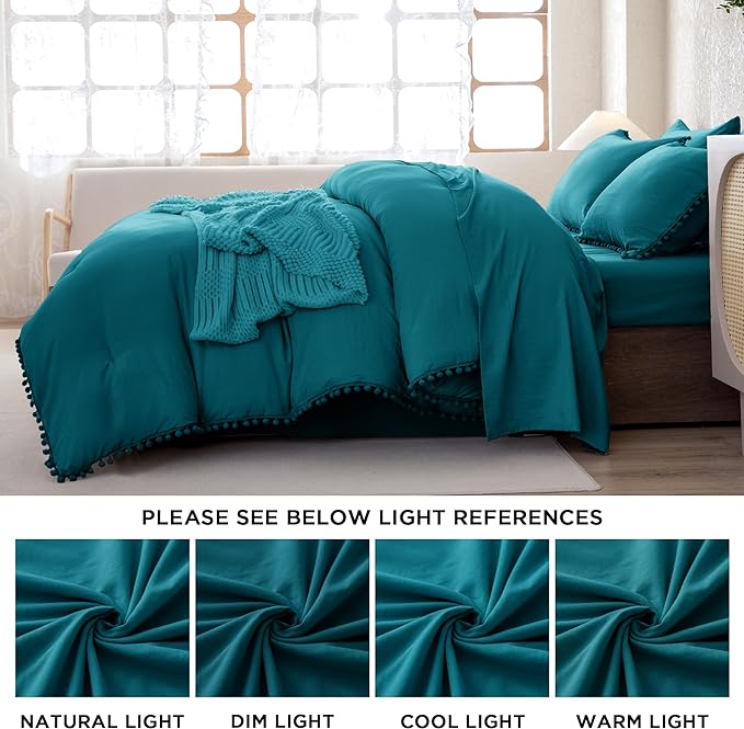 Litanika King Size Comforter Set Turquoise,3 Pieces Turquoise Boho Pom Pom Lightweight Bed Comforter, All Season Soft Solid Color Bedding Comforter Sets (1 Comforter 104x90 Inch, 2 Pillowcases) - LeafyLoom