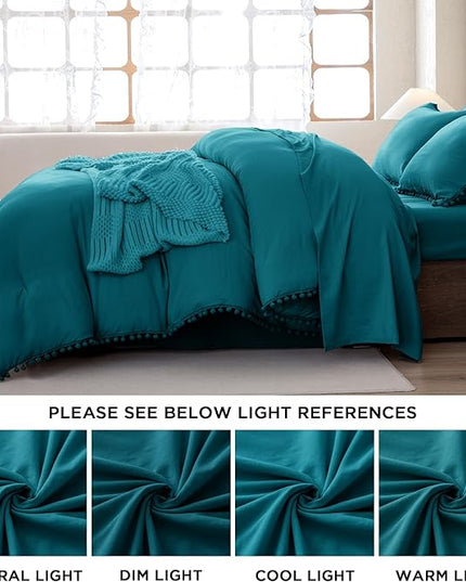 Litanika Queen Size Comforter Set Turquoise,3 Pieces Turquoise Boho Pom Pom Lightweight Bed Comforter, All Season Soft Solid Color Bedding Comforter Sets (1 Comforter 90x90 Inch, 2 Pillowcases) - LeafyLoom