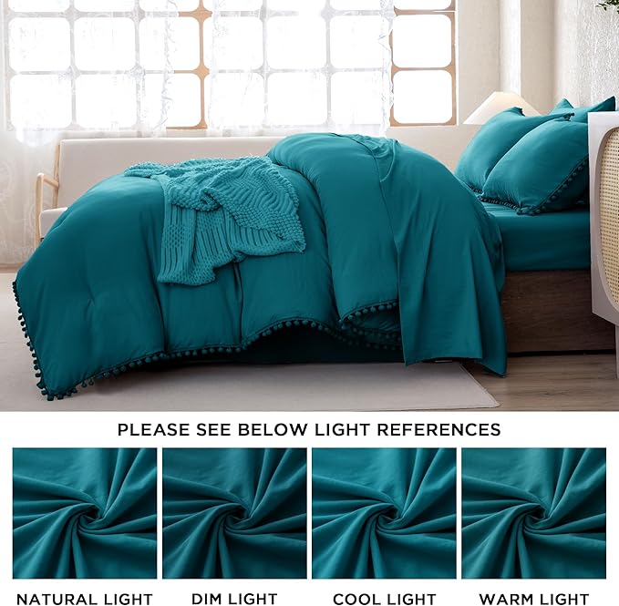 Litanika Queen Size Comforter Set Turquoise,3 Pieces Turquoise Boho Pom Pom Lightweight Bed Comforter, All Season Soft Solid Color Bedding Comforter Sets (1 Comforter 90x90 Inch, 2 Pillowcases) - LeafyLoom