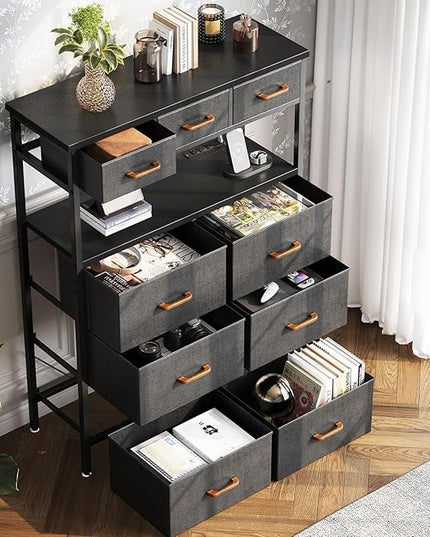AODK Dresser with Charging Station, 52 Inches Tall Dresser for Bedroom with 9 Storage Drawers, Large Fabric Dressers for Living Room, Hallway, Dark Grey - LeafyLoom