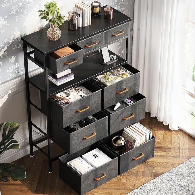 AODK Dresser with Charging Station, 52 Inches Tall Dresser for Bedroom with 9 Storage Drawers, Large Fabric Dressers for Living Room, Hallway, Dark Grey - LeafyLoom
