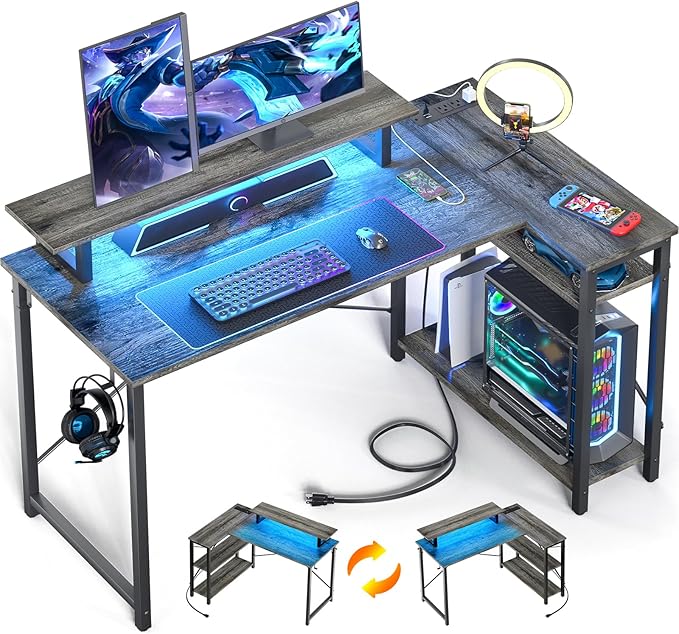 Homieasy L Shaped Gaming Desk with Power Outlet & LED Light, 47 Inch Computer Desk with Storage Shelves, Reversible Corner Desk with Monitor Stand Headset Hooks for Home Office, Black Oak - LeafyLoom