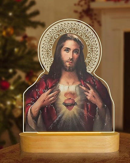 Catholic Gifts for Women, Sacred Heart of Jesus Picture Religious Gifts with Warm Yellow Light for Home Decor, Christian Inspirations Godly Blessed Birthday Gifts for Mother Grandma Men Lady - LeafyLoom