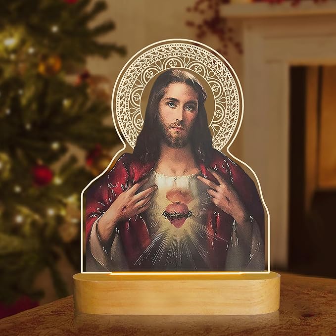 Catholic Gifts for Women, Sacred Heart of Jesus Picture Religious Gifts with Warm Yellow Light for Home Decor, Christian Inspirations Godly Blessed Birthday Gifts for Mother Grandma Men Lady - LeafyLoom