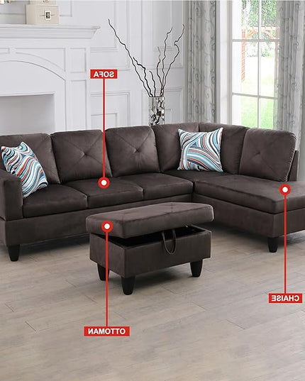 L-Shaped Sectional Couches with 66.5'' Chaise Lounge & Storage Ottoman Modular Room Sofas for Home Office Apartment, Large Living Furniture, 97'' Right Hand Facing, Espresso Flannel - LeafyLoom