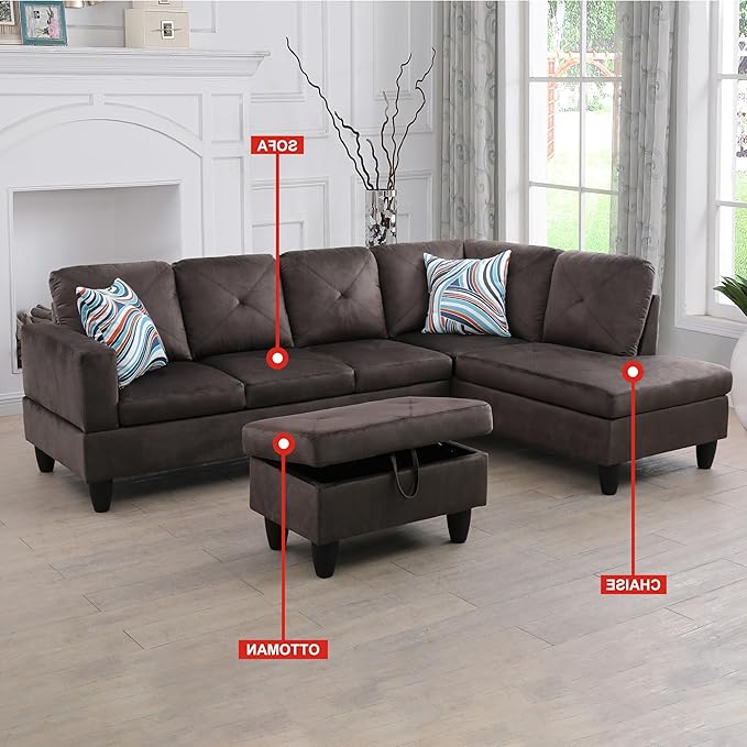 L-Shaped Sectional Couches with 66.5'' Chaise Lounge & Storage Ottoman Modular Room Sofas for Home Office Apartment, Large Living Furniture, 97'' Right Hand Facing, Espresso Flannel - LeafyLoom