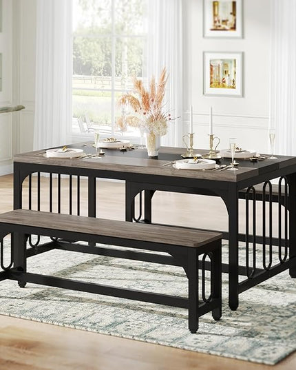 Tribesigns 55 Inch Dining Table Set for 4-6, 3-Piece Kitchen Table with 2 Benches, Space-Saving Dining Room Table Set for Home Kitchen, Restaurant, Grey - LeafyLoom