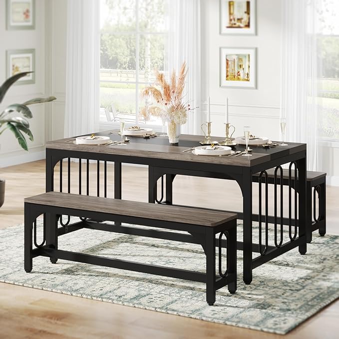 Tribesigns 55 Inch Dining Table Set for 4-6, 3-Piece Kitchen Table with 2 Benches, Space-Saving Dining Room Table Set for Home Kitchen, Restaurant, Grey - LeafyLoom